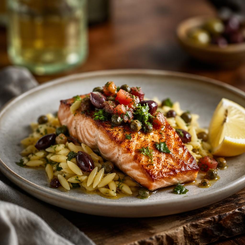 Straight-on editorial photo of a minimal plated Mediterranean dish in soft natural light with a blurred cozy restaurant background.