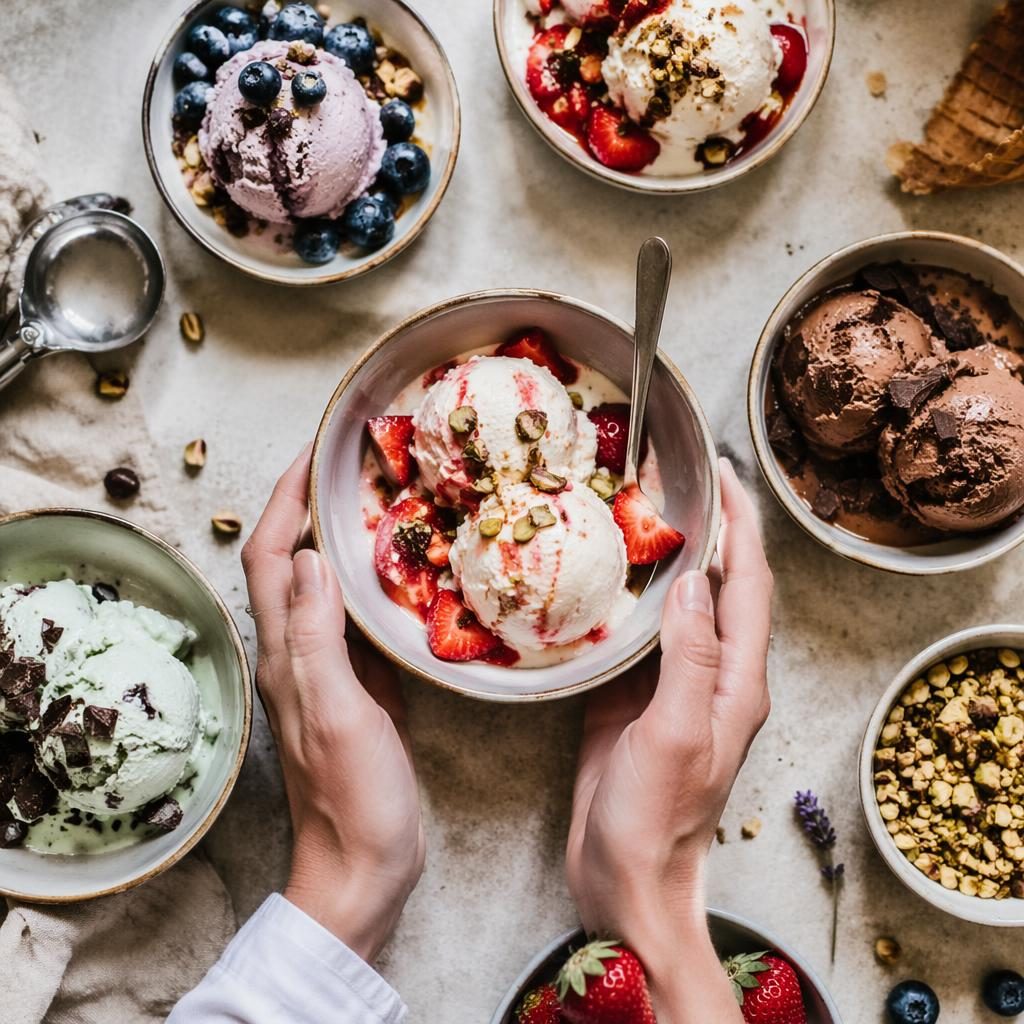 Overhead editorial photo of rustic Italian ice cream with generous plating and hands in bright natural light