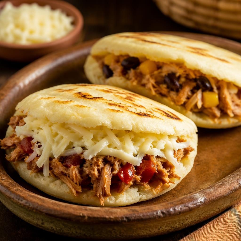 Primer plano macro de arepas venezolanas en plato cerámico clásico, luz natural cálida y fondo desenfocado.