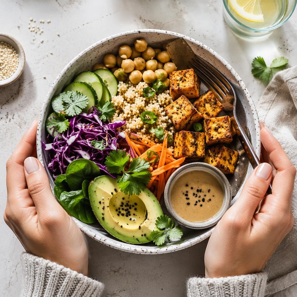 Plato vegano de estilo casero visto desde arriba, con manos en escena, luz natural brillante y fondo desenfocado.