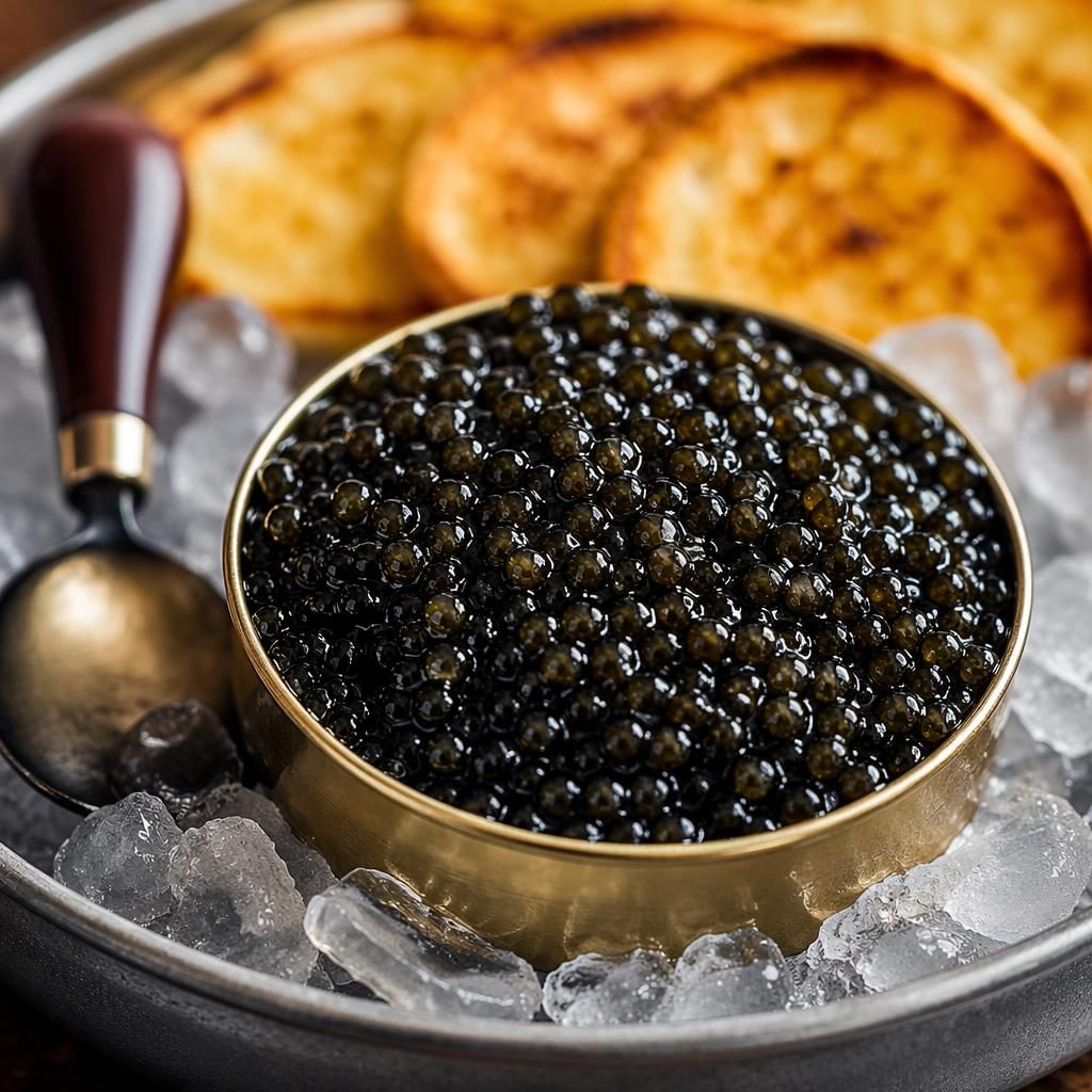 Close-up macro food photo of caviar on a rustic generously plated American comfort dish in warm natural light