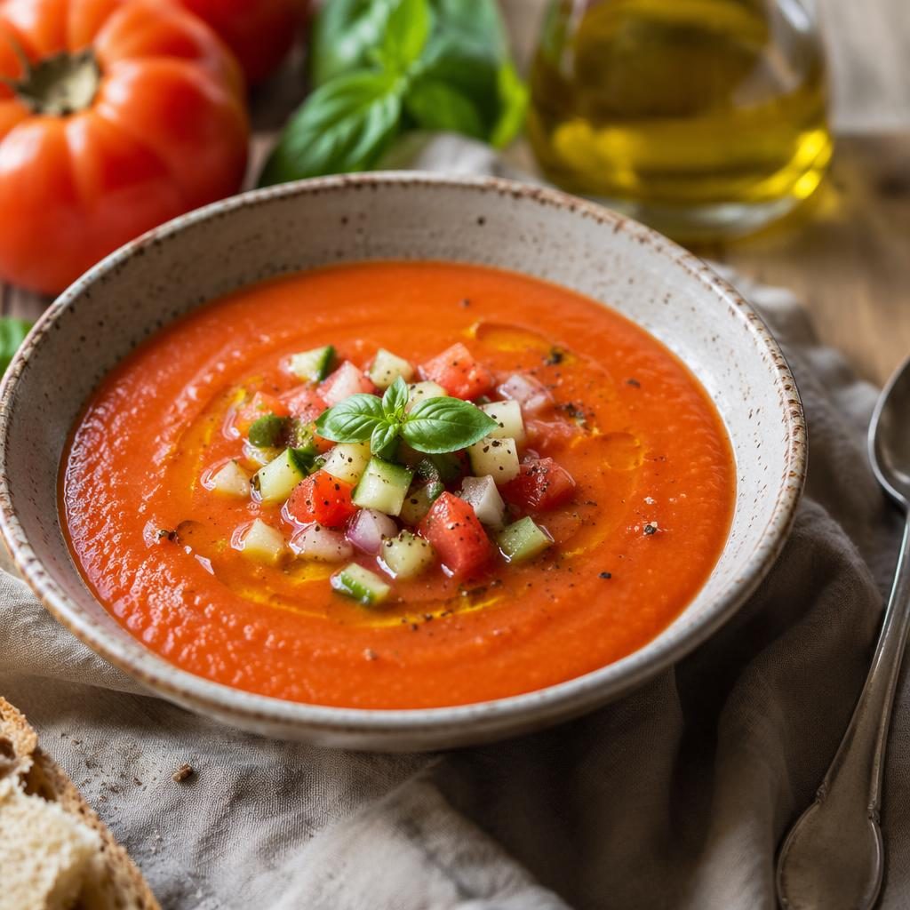 Foto de gazpacho servido en plato casual elegante, ángulo de 45 grados, luz natural y fondo desenfocado