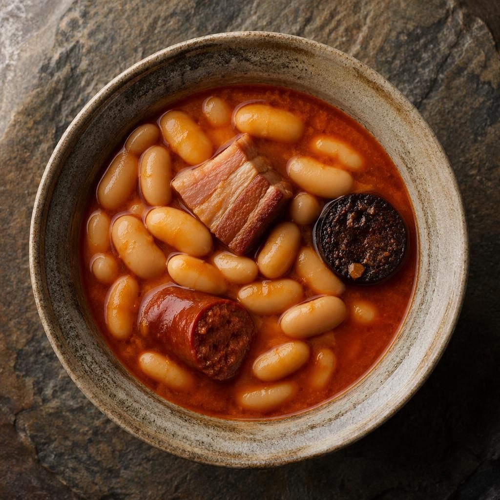 Foto cenital de fabada asturiana emplatada con precisión, luz natural, tonos rústicos y fondo desenfocado.