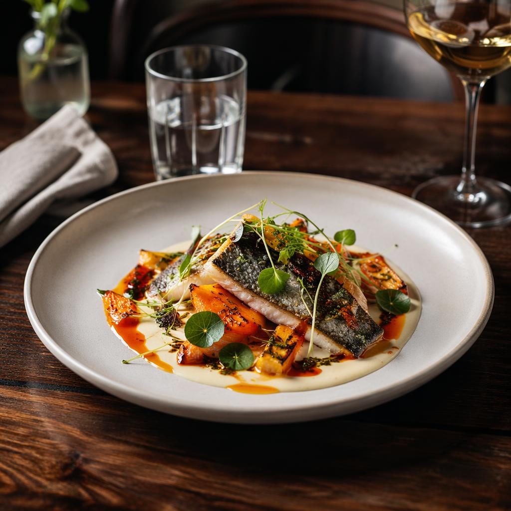 Straight-on editorial photo of a Mediterranean plated dish in natural light with minimal styling and a blurred cozy background.