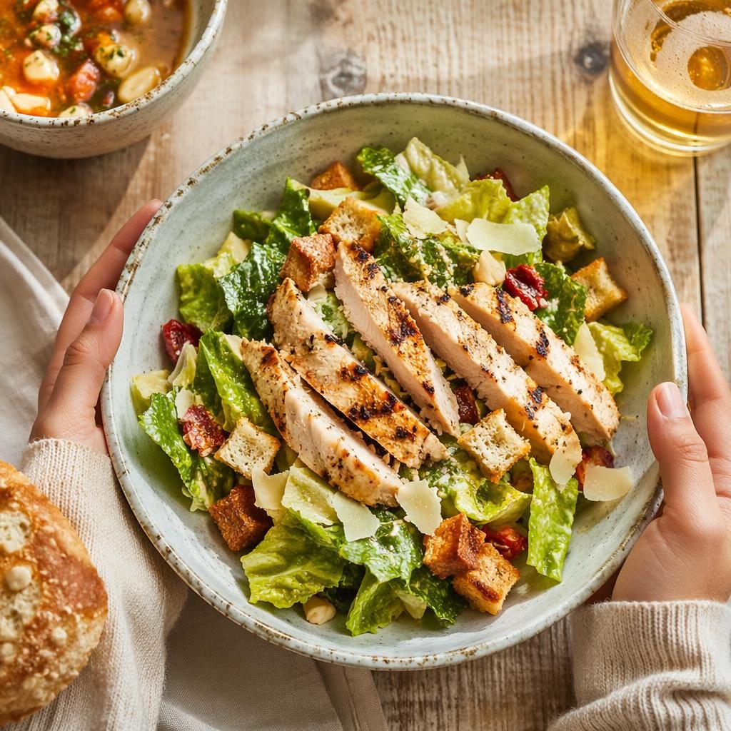Overhead editorial photo of rustic Italian food with generous plating and hands in a bright, airy restaurant setting
