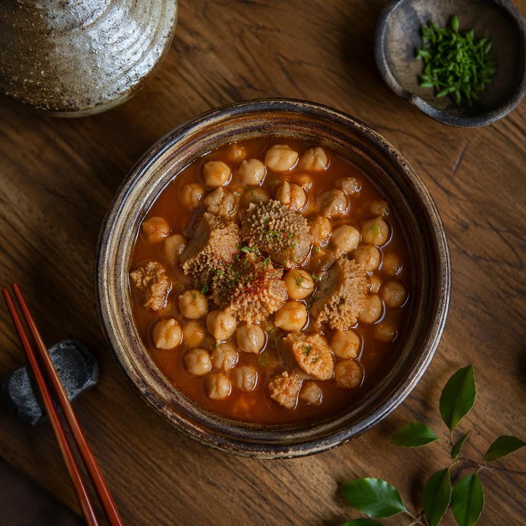 Plato de callos con garbanzos estilo kaiseki japonés sobre madera, toma cenital, luz natural y fondo desenfocado.