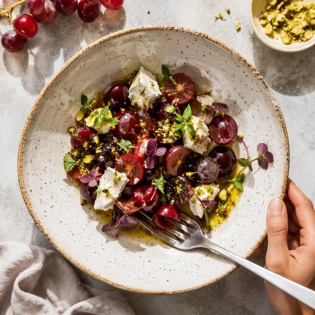 Overhead editorial food photo of plated grapes on classic ceramic dish with hands, bright natural light and airy mood.