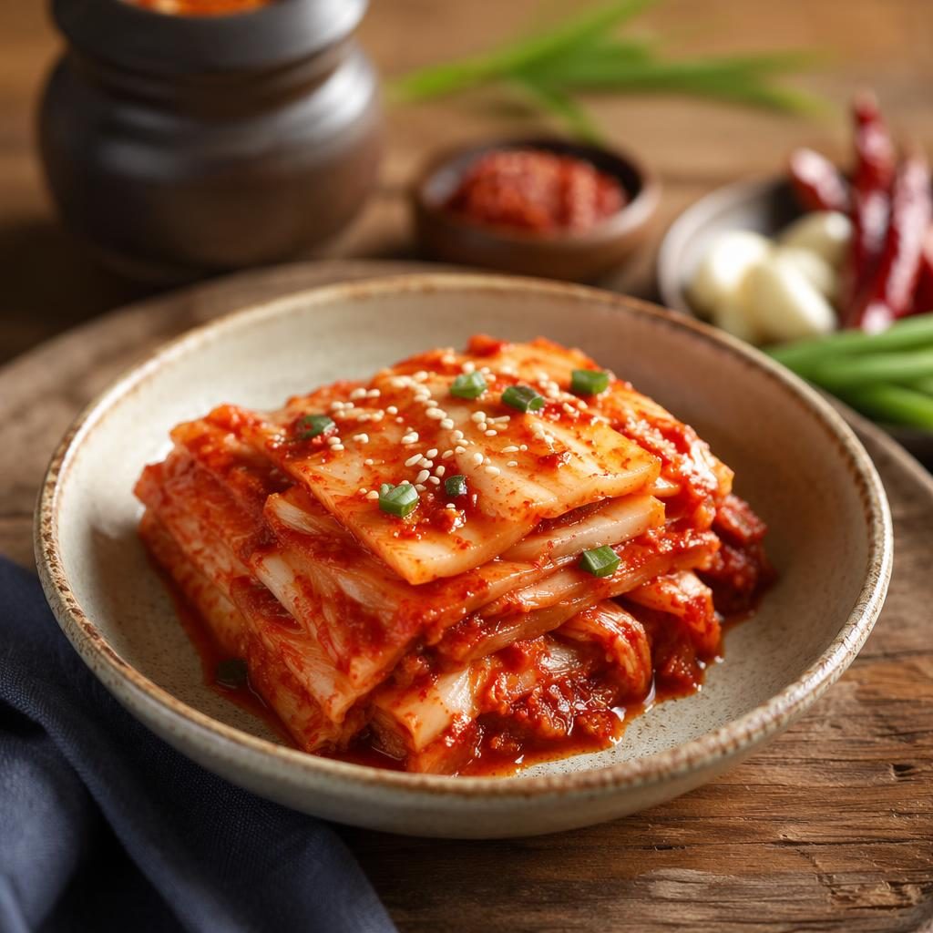 Editorial photo of a kimchi dish plated in a homey French fine dining style at a 45-degree angle with soft natural light