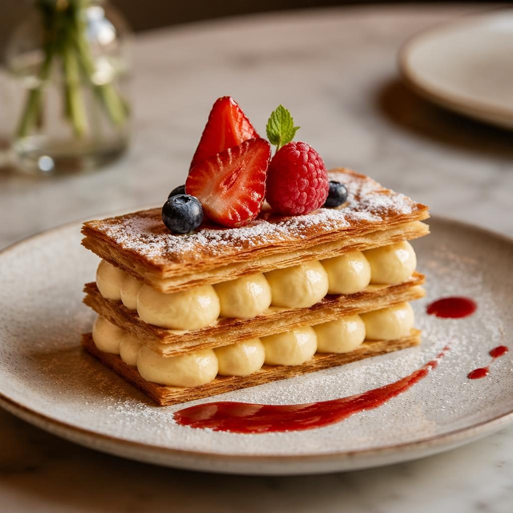 Elegant French fine dining pastry on a classic ceramic plate, shot at a 45-degree angle in soft natural light.
