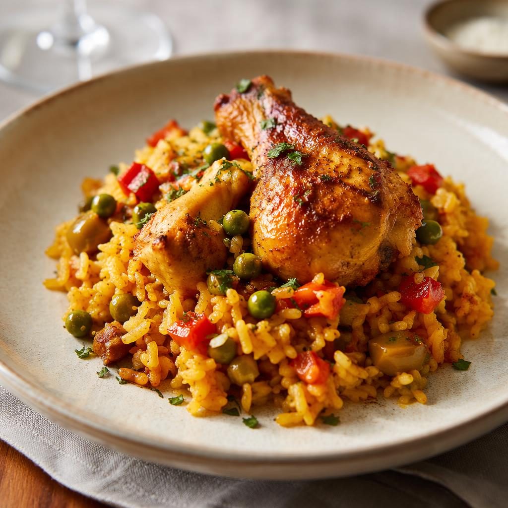 Plato de arroz con pollo emplatado en cerámica clásica, foto editorial a 45 grados con luz natural y fondo desenfocado