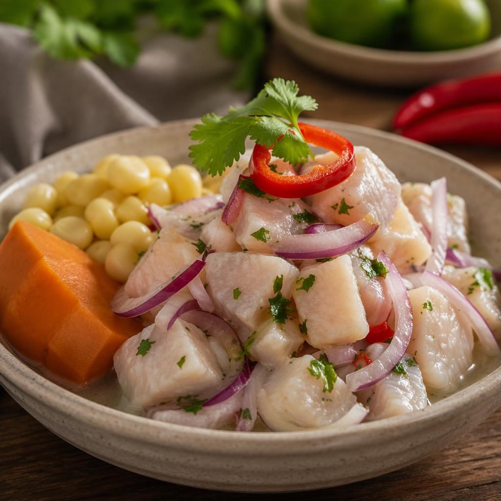 Primer plano macro de ceviche emplatado en cerámica clásica, con luz natural cálida y fondo desenfocado.