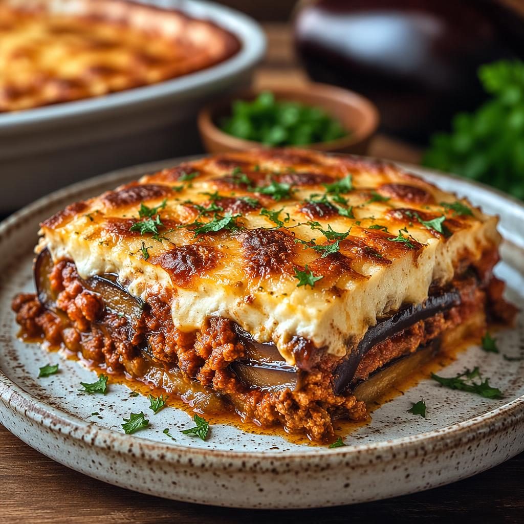 Gros plan macro d’une moussaka sur assiette en céramique, lumière naturelle chaude et fond flou.