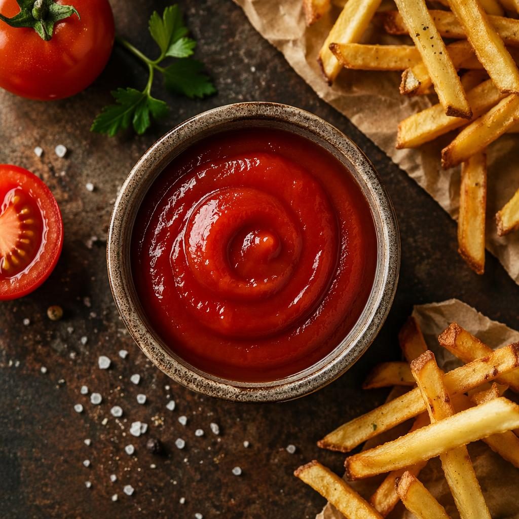 Top-down editorial flat lay of street food with ketchup on minimal plating, rustic earthy tones and natural light.