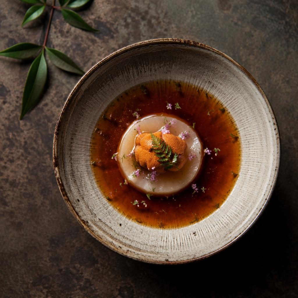 Top-down editorial photo of a Japanese kaiseki dish with precise sauce plating in natural light and an earthy rustic mood.