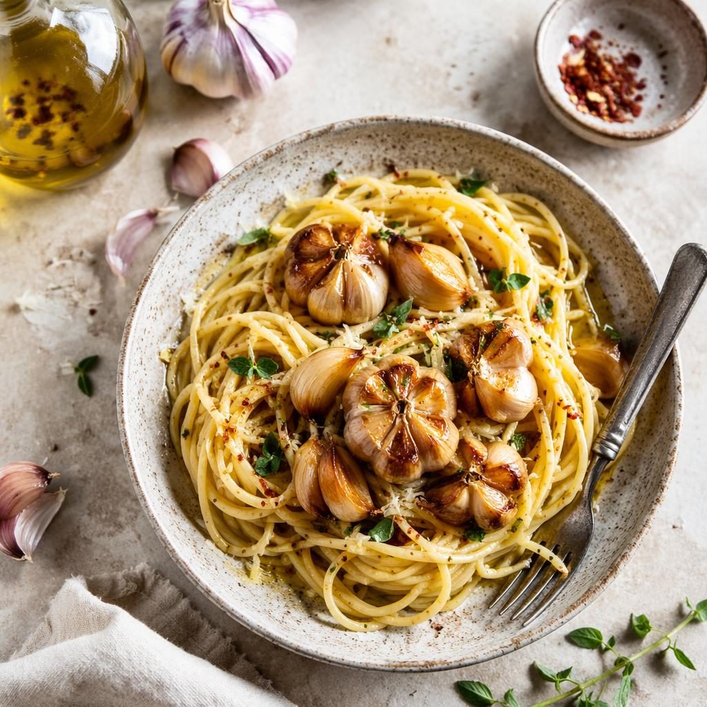 Overhead editorial photo of a rustic Italian plated dish with garlic, hands in frame, bright natural light and airy styling.