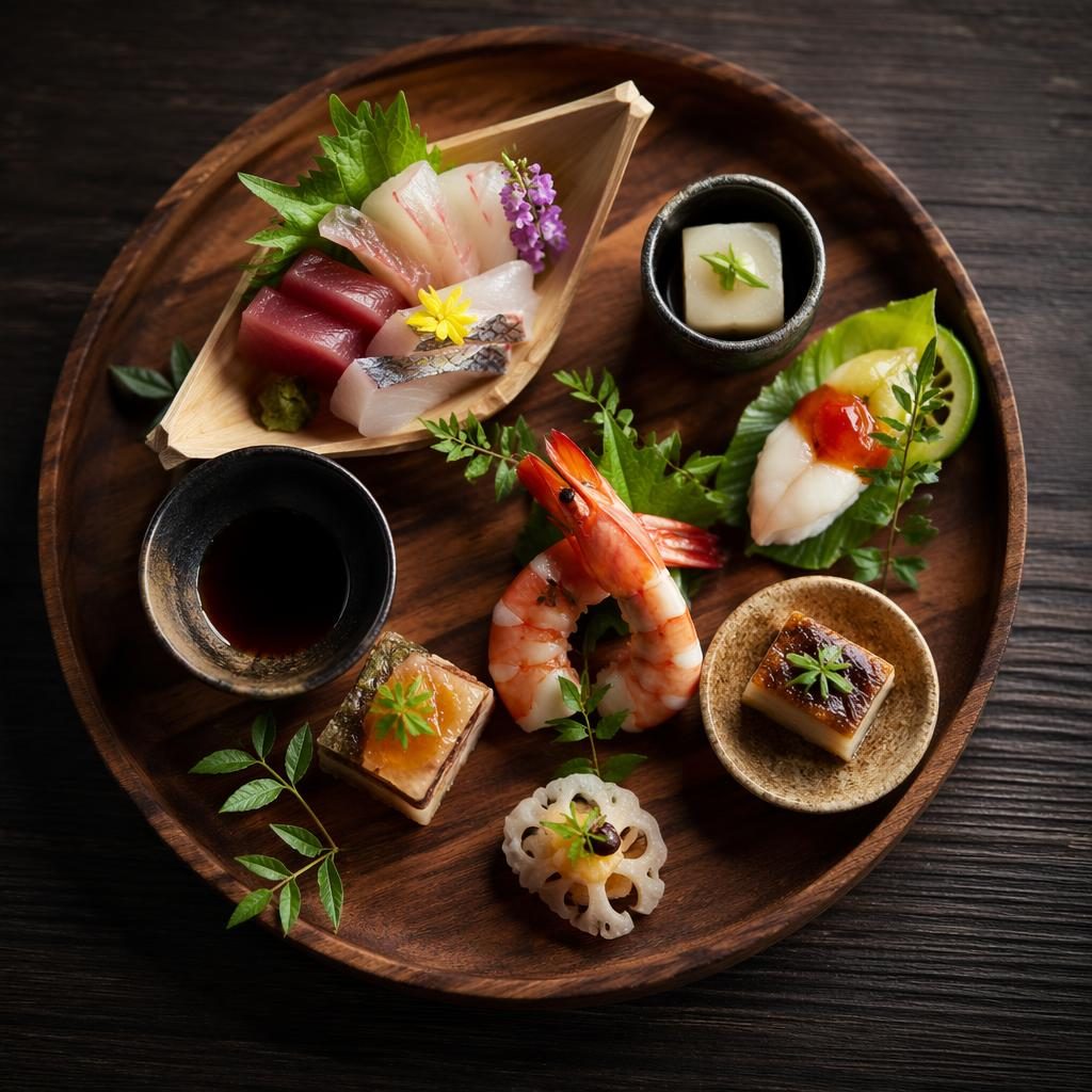 Top-down flat lay of a Japanese kaiseki dish on wooden plating in natural light with earthy tones and sharp focus.