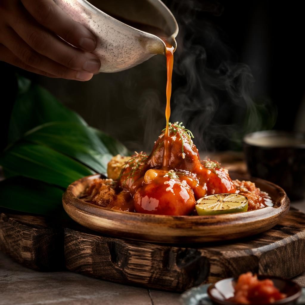 Dark moody editorial photo of an Asian fusion tomato dish on wooden plating with steam and blurred background
