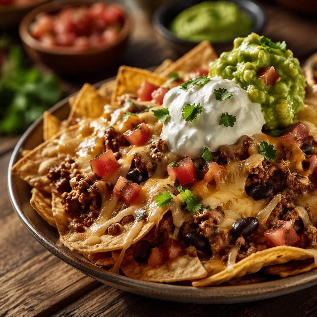 Close-up macro photo of generously plated nachos in warm natural light with sharp focus and a softly blurred background.