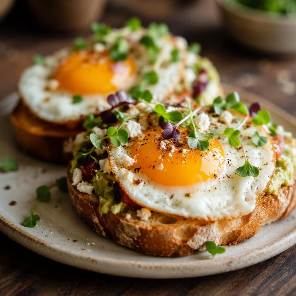 Close-up macro photo of elegantly plated eggs in warm natural light with a blurred restaurant background.