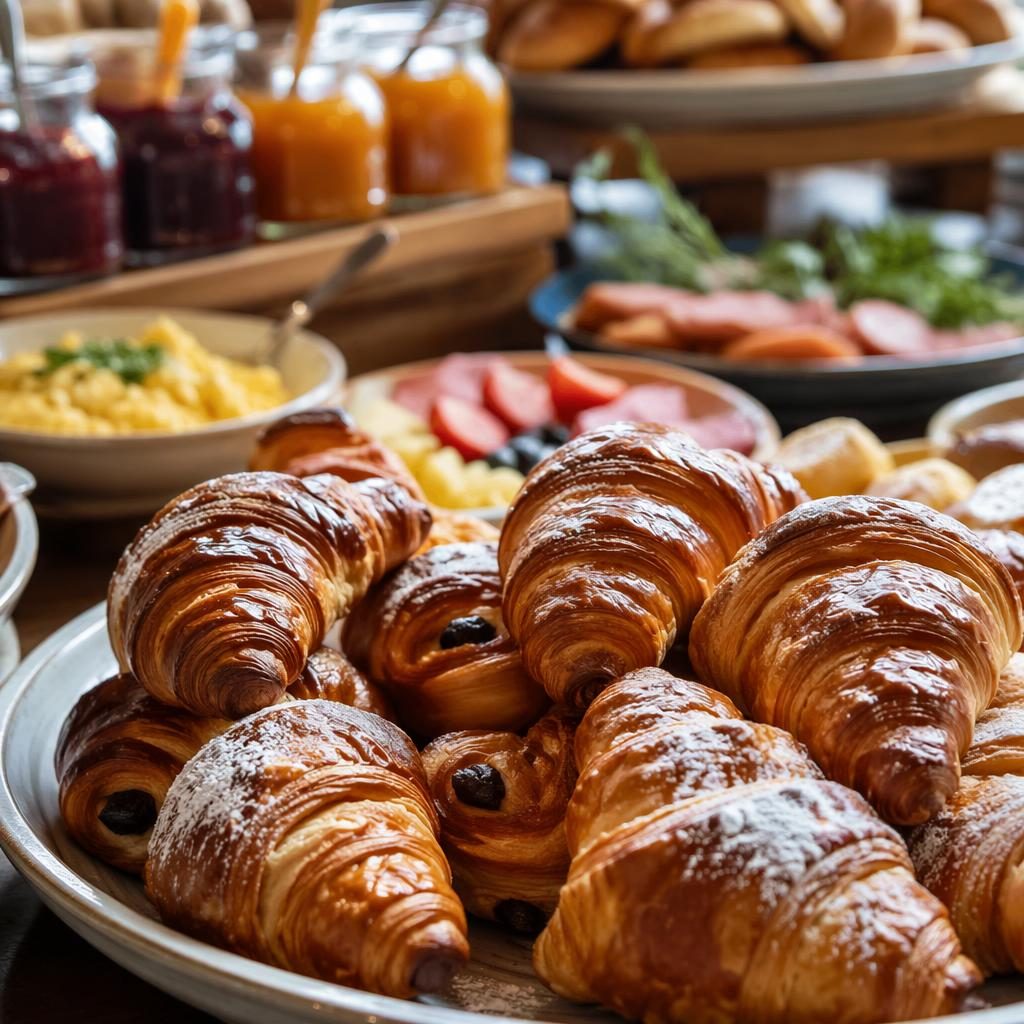 Close-up macro photo of assorted bakery pastries on classic ceramic plates in a warm breakfast buffet setting.