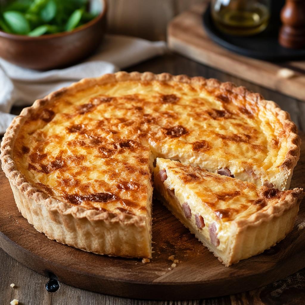 Photo d une quiche lorraine sur assiette minimaliste, cadrage de face, lumière naturelle, fond flou chaleureux
