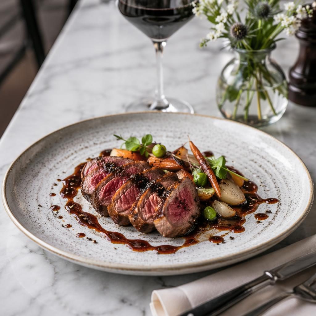 Editorial food photo of a French fine dining dish on classic ceramic plating, shot at a 45-degree angle in natural light.