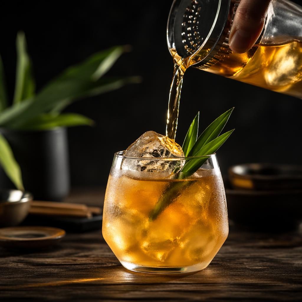Editorial asian fusion drink photo on wood plating with dramatic pour action, moody lighting, sharp focus and blurred background.