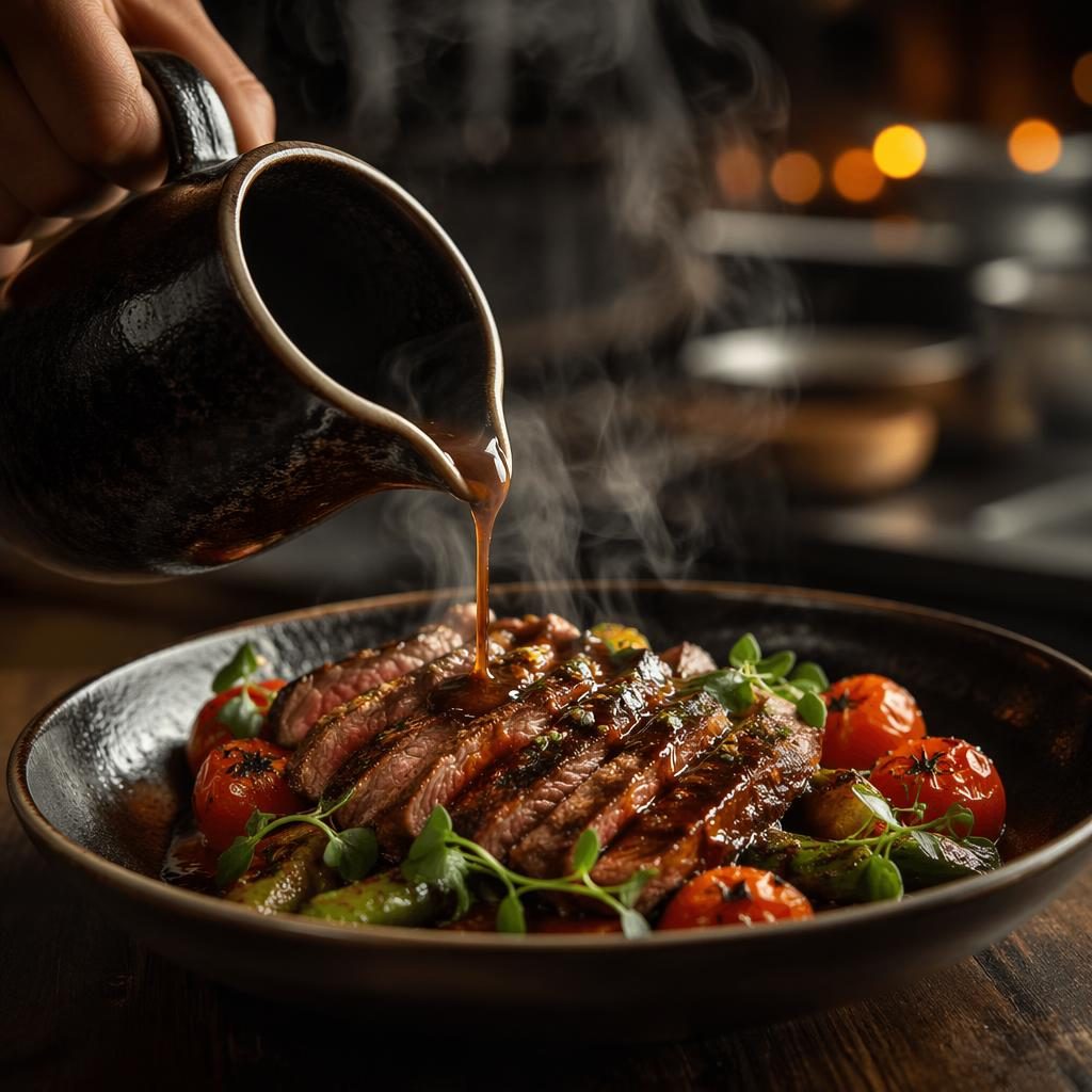 Dark moody editorial photo of a modern bistro dish with steam and pouring action, sharp focus, blurred restaurant background.