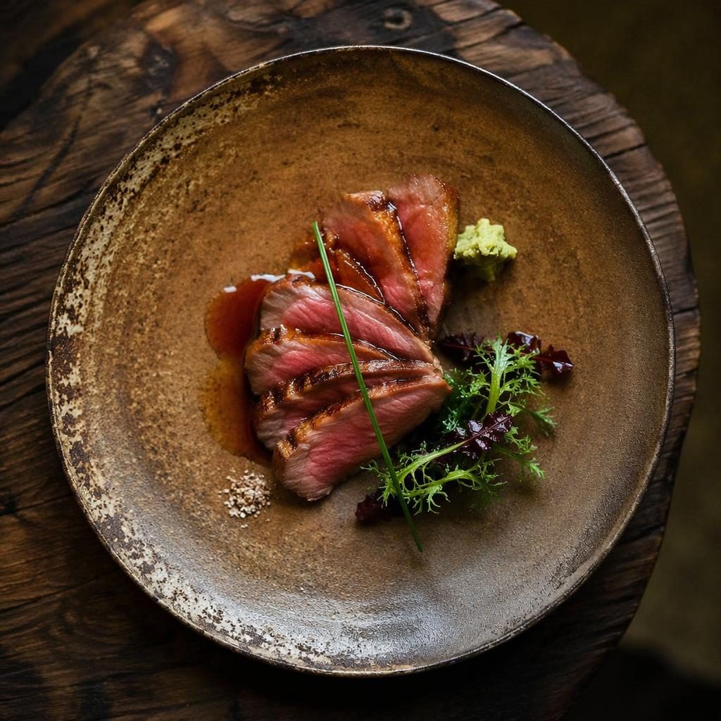 Top-down editorial photo of a Japanese kaiseki meat dish with precise plating in natural light and rustic earthy styling.