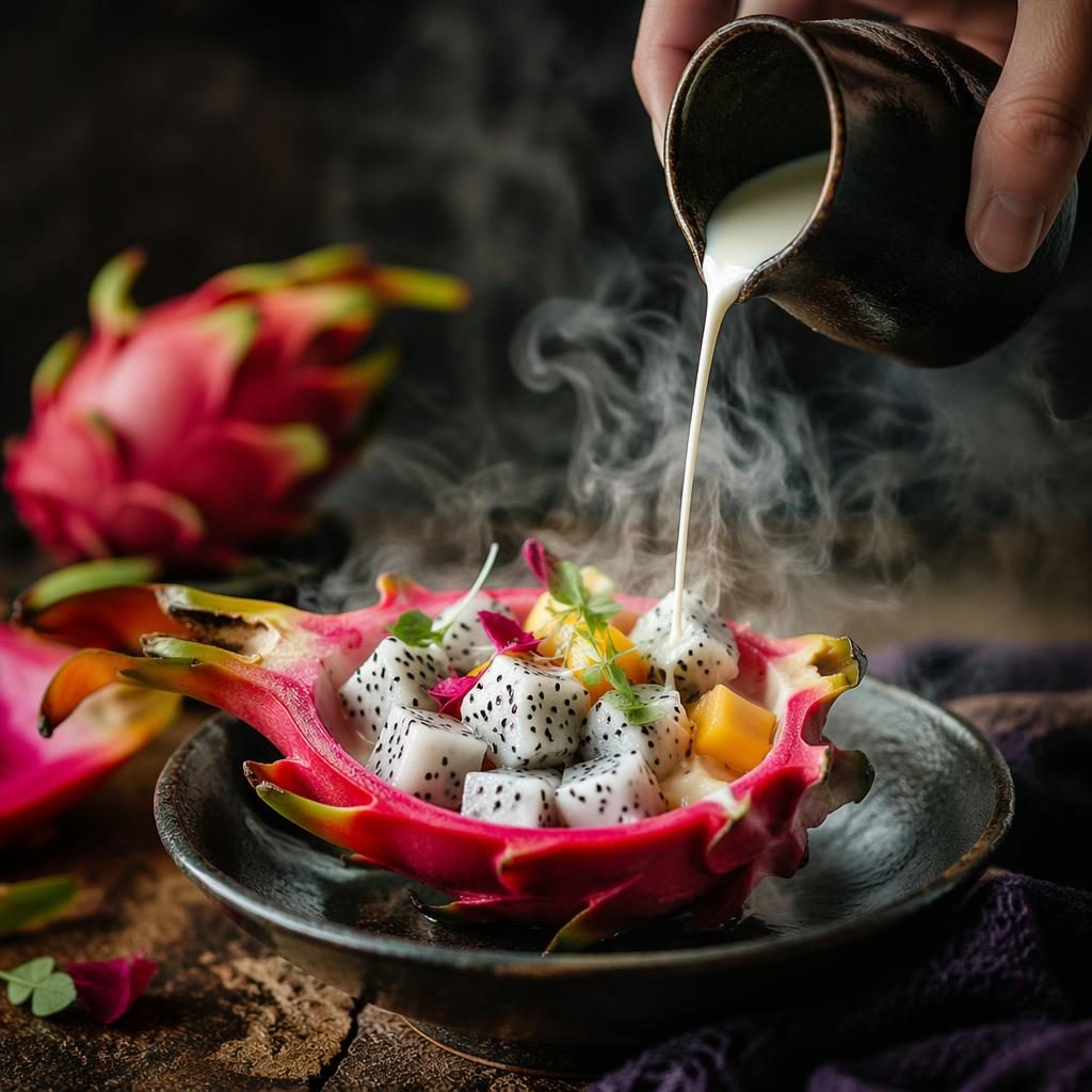 Moody editorial fruit photoshoot with Asian fusion plating, dramatic pour action, steam, sharp focus, and blurred background