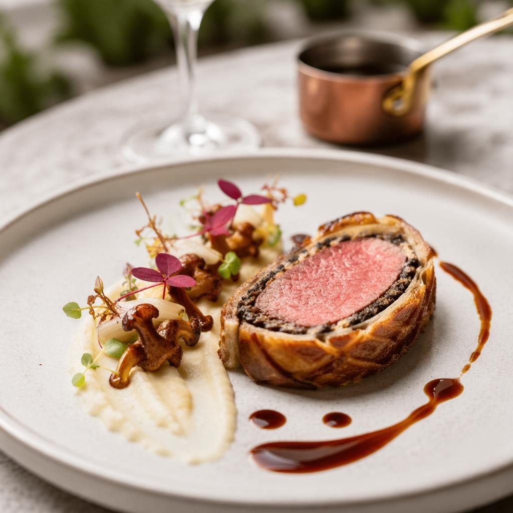 Editorial French fine dining dish on classic ceramic plating, photographed at a 45-degree angle in soft natural light.
