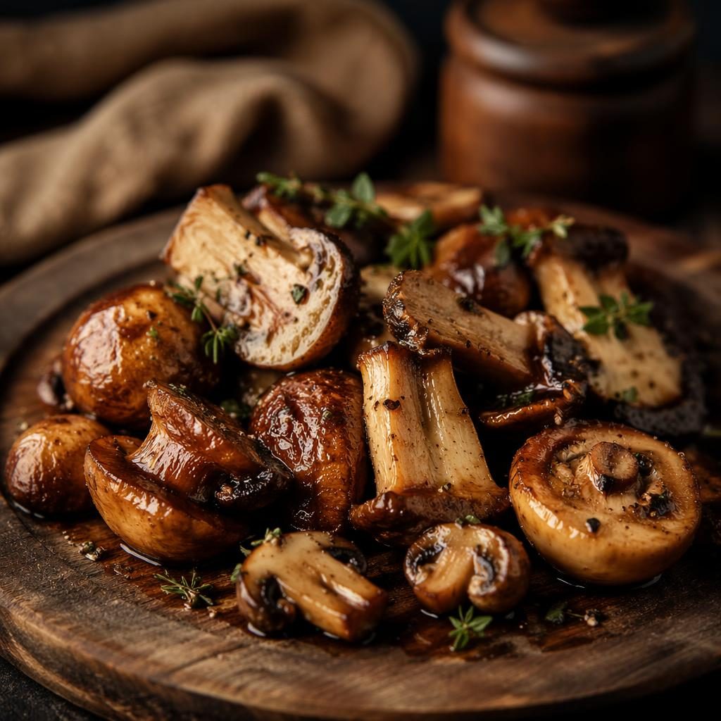 Straight-on editorial photo of a steakhouse mushroom dish plated on a wooden board with natural light and a blurred background.
