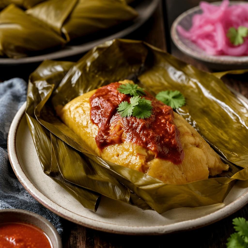 Plato de tamales de hoja de platano con emplatado auténtico, luz natural y fondo desenfocado en restaurante