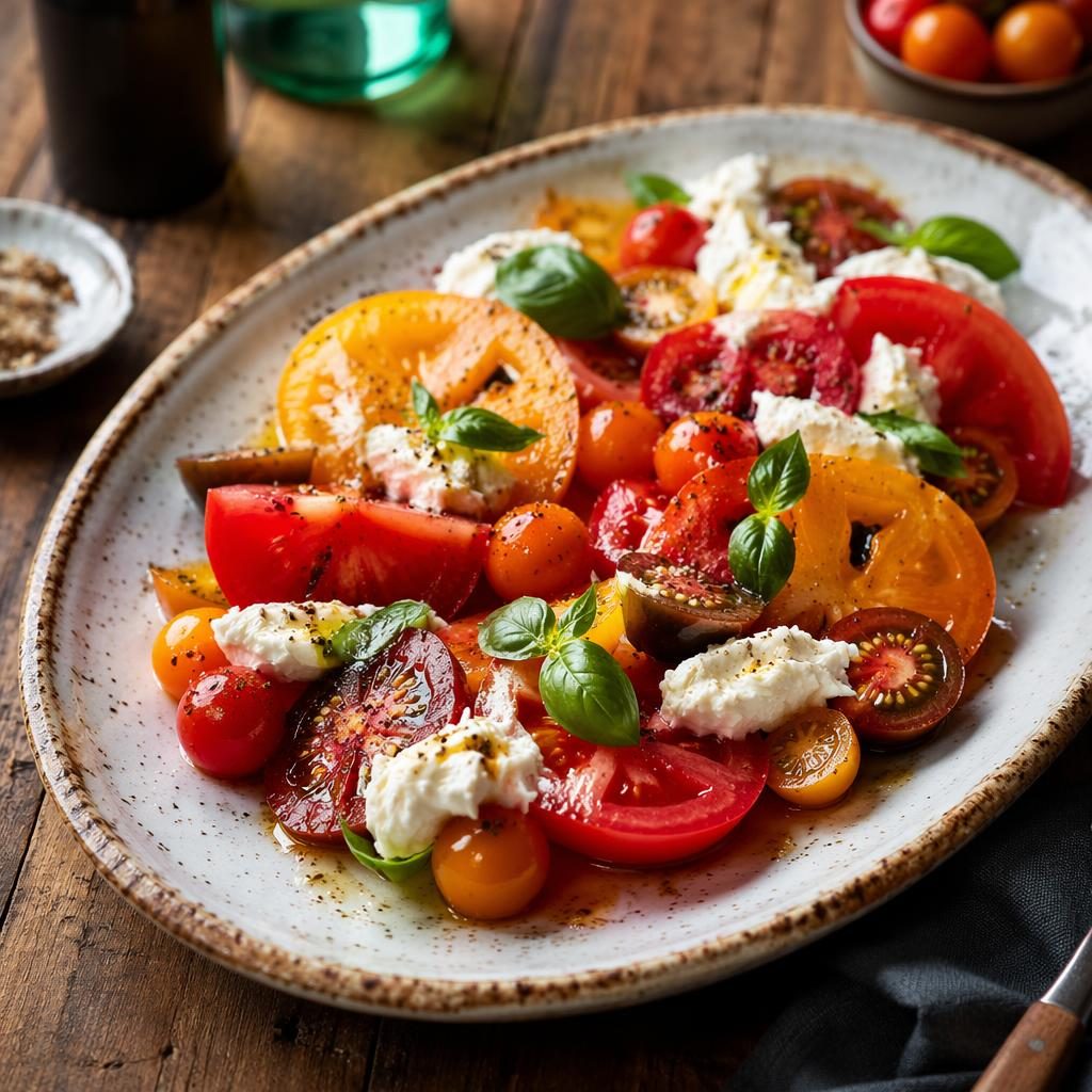 Editorial food photo of a rustic tomato dish with generous plating, shot at a 45-degree angle in natural light