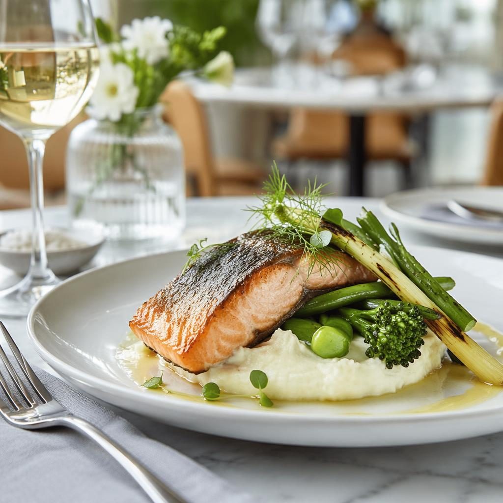 Elegant modern bistro signatuurgerecht op minimalistisch bord, gefotografeerd onder 45 graden met zachte achtergrond.