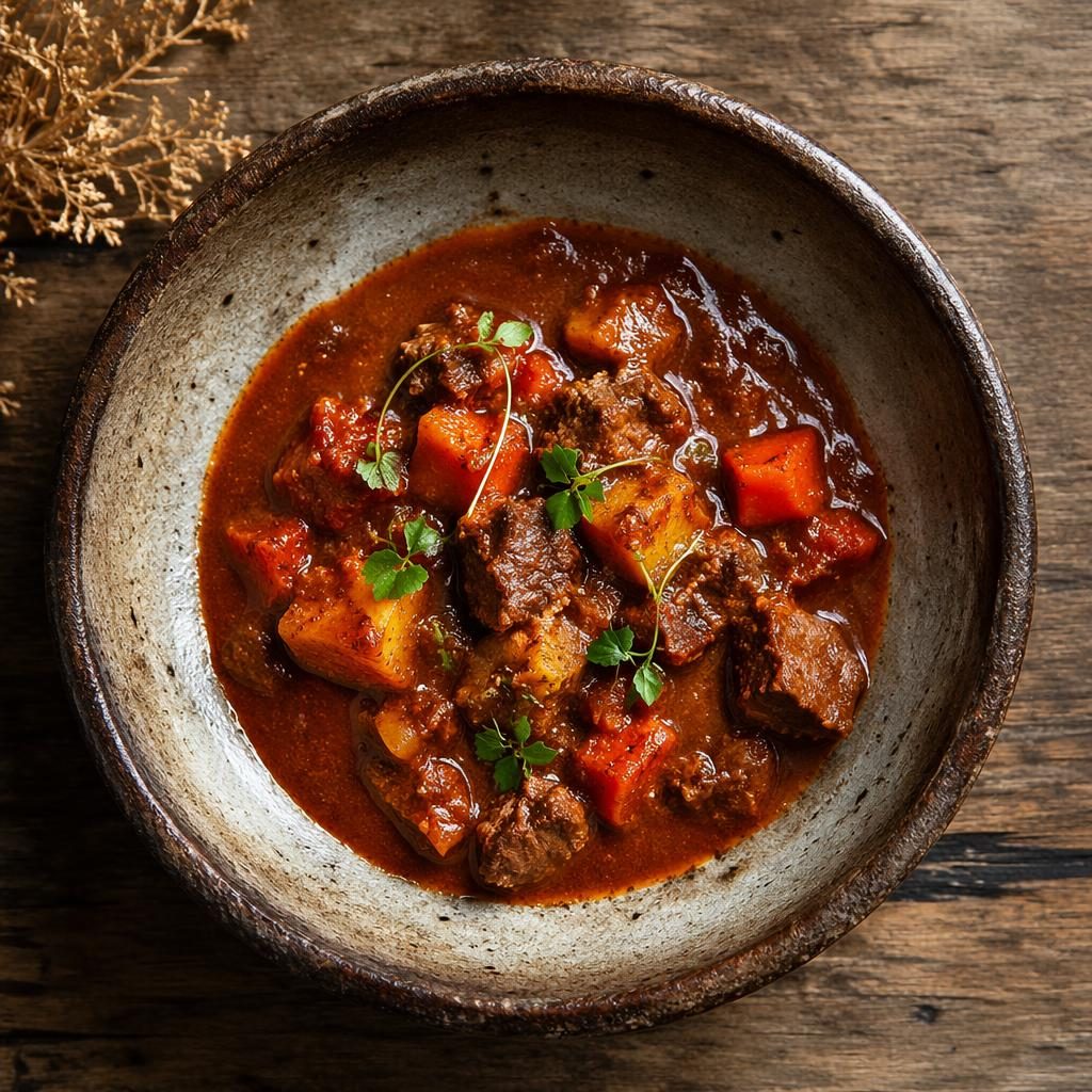 Plato de goulash con presentación kaiseki japonesa, vista cenital, luz natural y fondo rústico desenfocado.