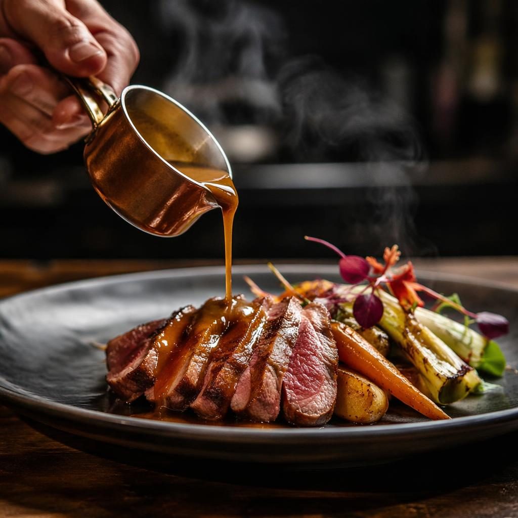 Photo d’une assiette de bistrot moderne avec dressage street-food, vapeur visible, lumière naturelle et fond flou