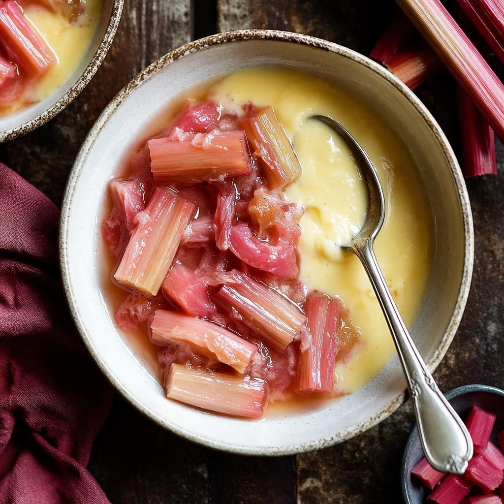 Top-down flat lay of rhubarb and custard street food on rustic plating in natural light with earthy tones.