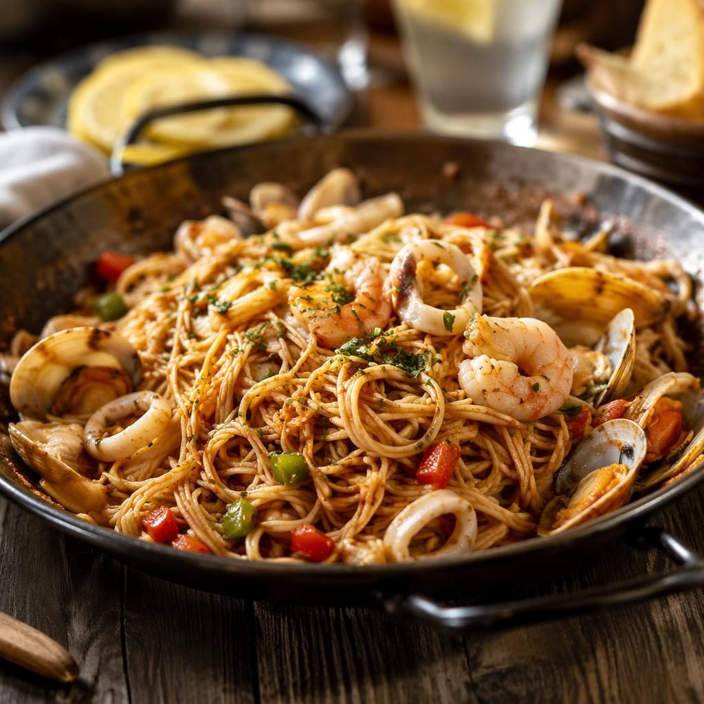 Plato de fideos mediterráneos en primer plano, ángulo frontal, luz natural, fondo desenfocado y ambiente íntimo.