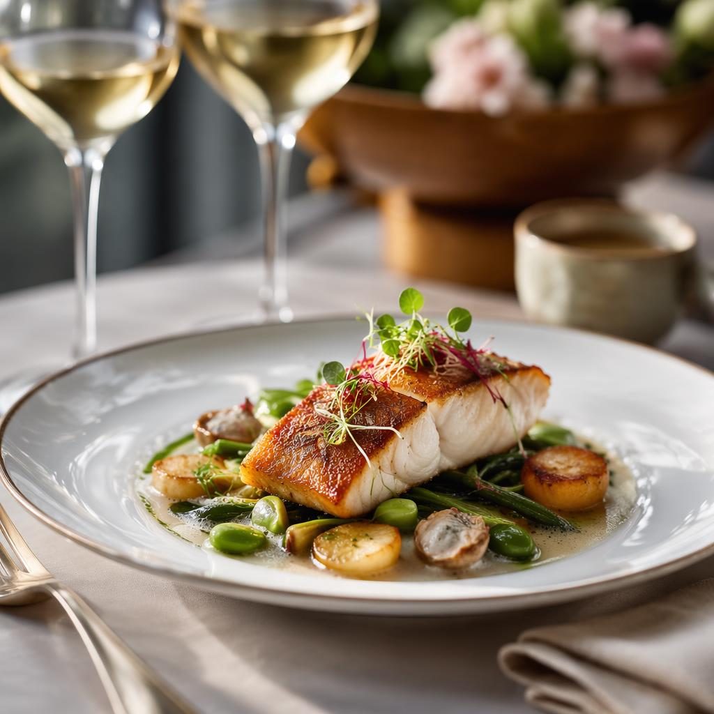 Plat de haute cuisine française dressé sur céramique, photographié à 45 degrés avec lumière naturelle et fond flou