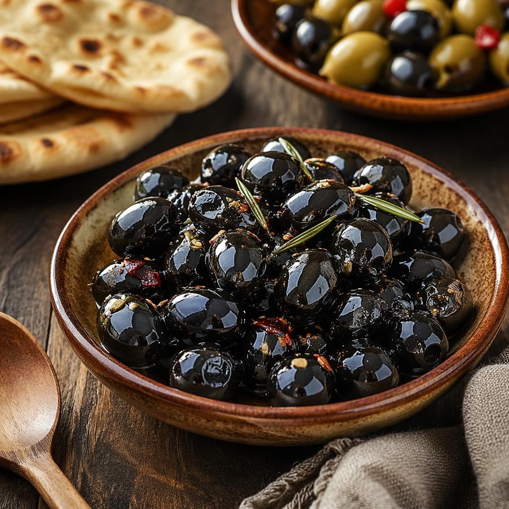 Straight-on editorial photo of a Mediterranean street food dish with black olives, sharp focus and a cozy blurred background.