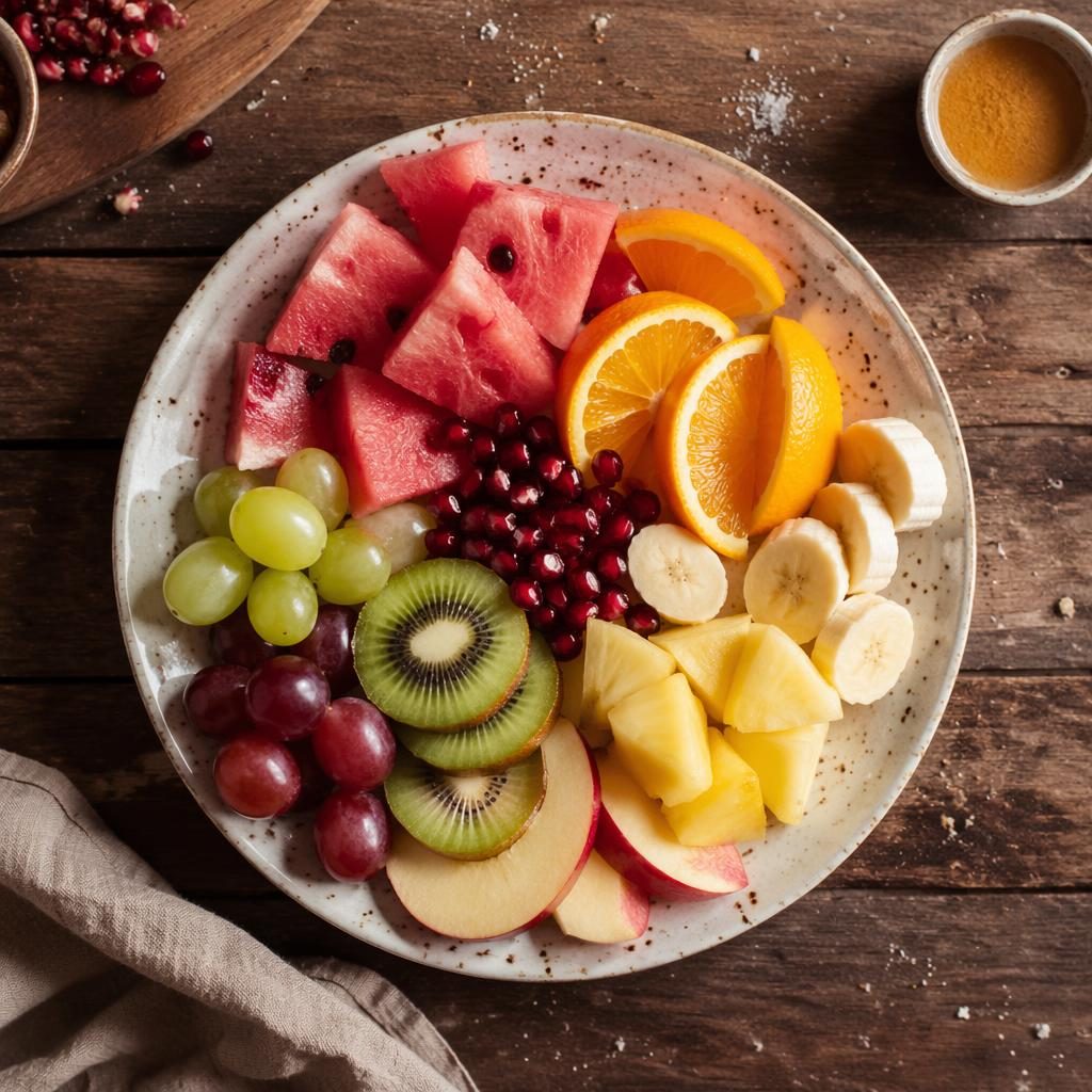 Top-down flat lay of street food-style fruit plating on a rustic surface in natural light with sharp focus.