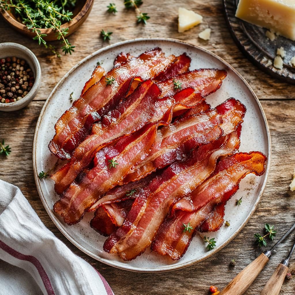 Overhead view of a rustic Italian dish with bacon, generous plating, and hands in bright natural light.