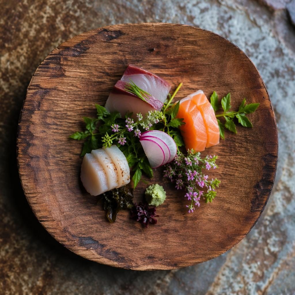 Plato japonés kaiseki sobre base de madera, fotografiado desde arriba con luz natural y estilo rústico