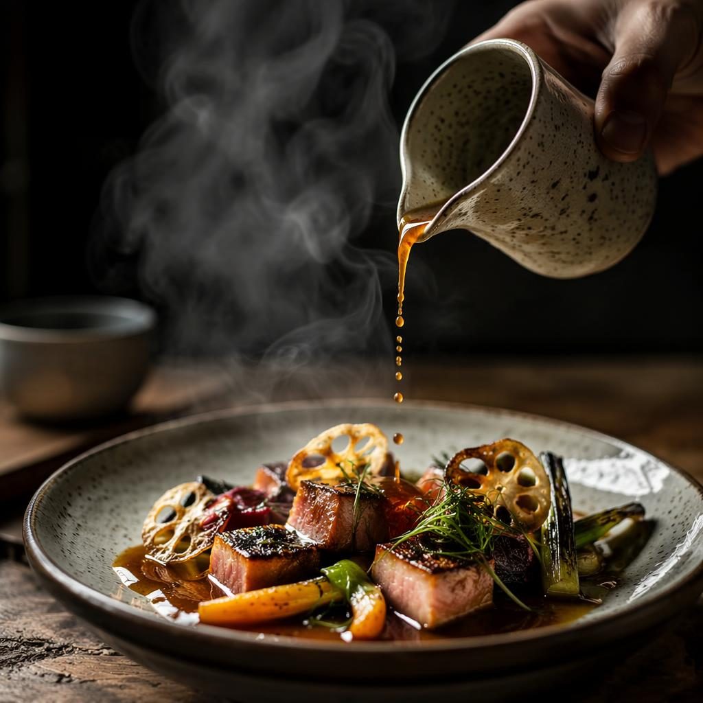 Editorial-Foto eines Asian-Fusion-Gerichts mit präzisem Michelin-Anrichten, Dampf und Gießmoment, dunkel inszeniert.