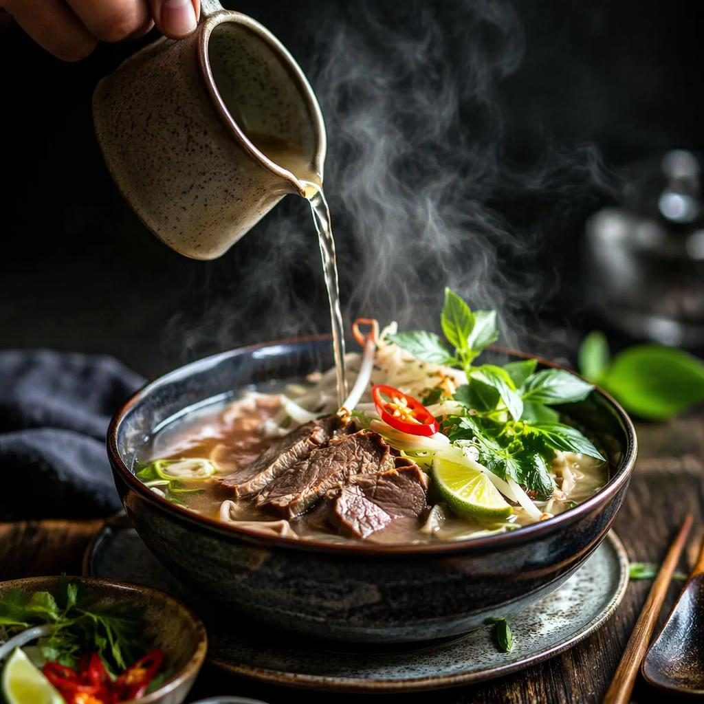 Plat de bistrot moderne en action, sauce versée et vapeur visible, lumière naturelle, ambiance sombre, fond flou