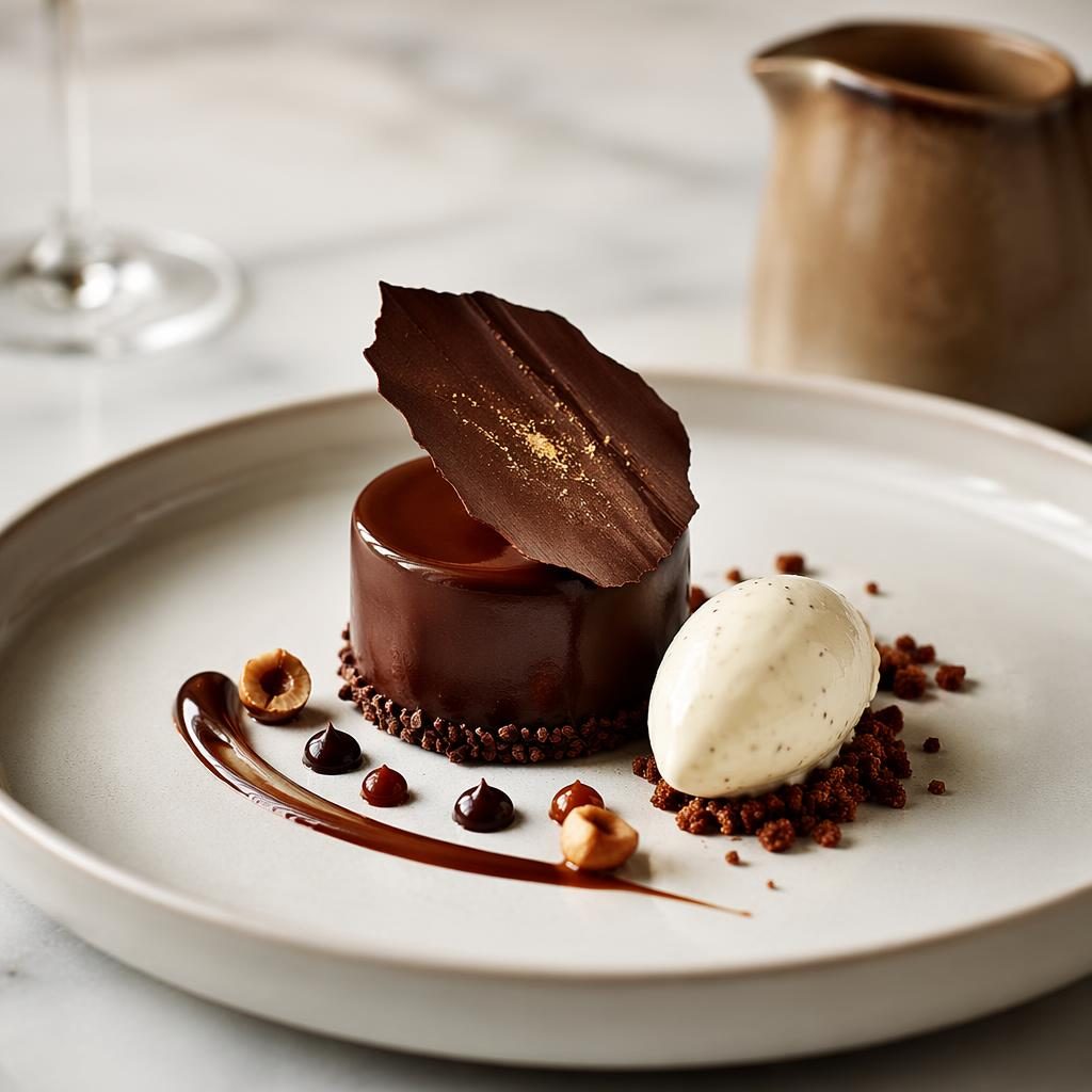 Editorial photo of a French fine dining dessert on classic ceramic plating at a 45-degree angle with soft natural light