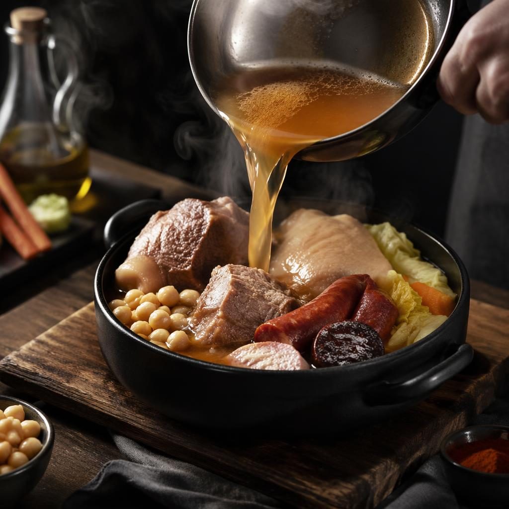 Plato de cocido madrileño estilo fusión asiática sobre madera, con vapor en acción, luz natural y fondo desenfocado