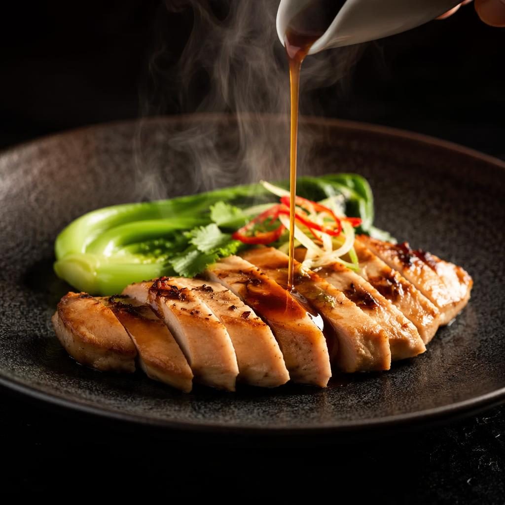 Plato editorial de pechuga a la plancha con emplatado asian fusion, vapor y salsa en acción, fondo oscuro desenfocado.