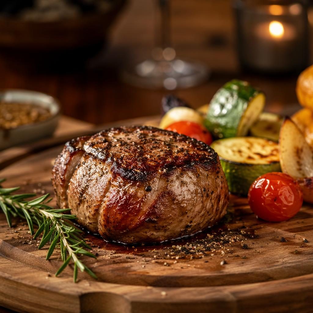 Photo d’un filet mignon de porc dressé sur une planche en bois, vue de face, lumière naturelle et fond flou.